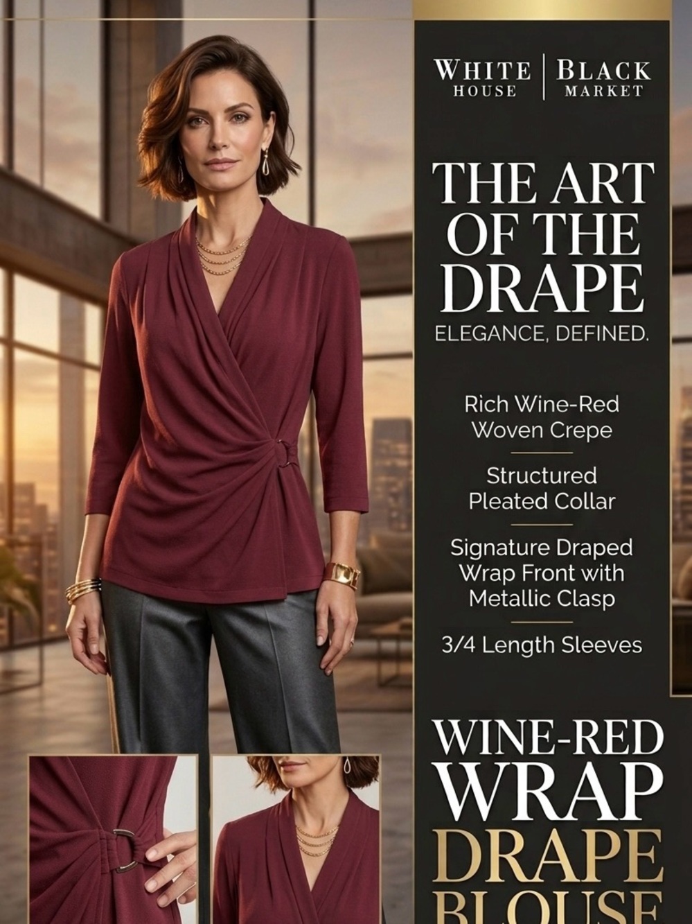 White House Black Market Wine-Red burgundy, color Wrap Drape Blouse